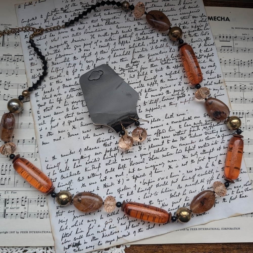 Vintage Amber and Gold Beaded Necklace And Earrings